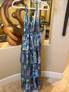 OndadeMar Tiered Teal Floral Maxi Dress - Sleeveless V-Neck M NWT